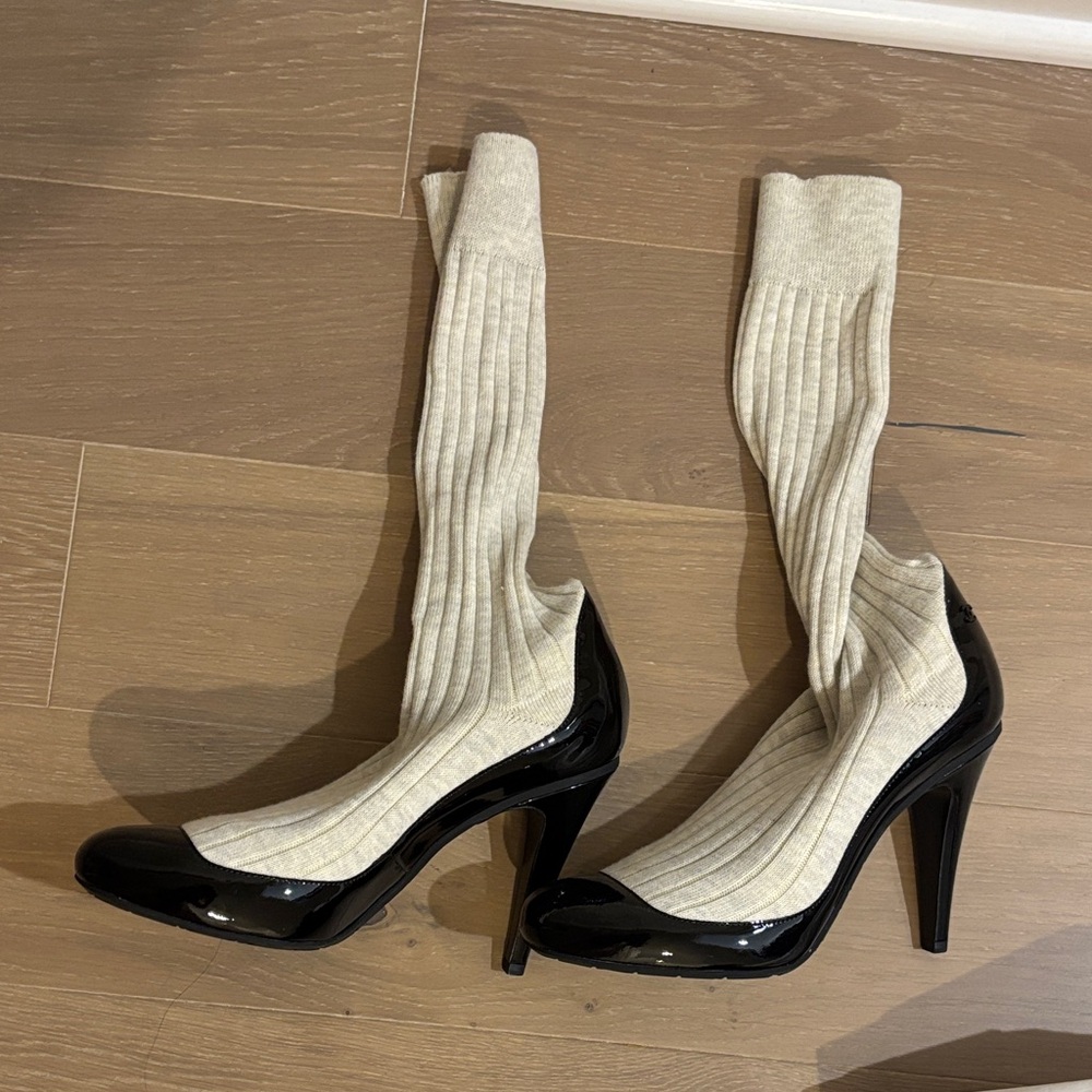 CHANEL Black Patent Leather High Heel Sock Boots with Cream Knit neutral Sock